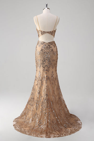 Champagne Mermaid Spaghetti Straps Sequin Hollow Out Formal Dress